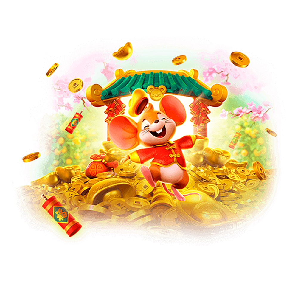 Fortune Mouse em cenário asiático, celebrando sobre moedas de ouro em jogo de caça-níquel online.